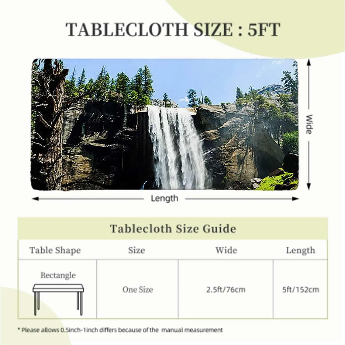 Green Elastic Tablecloth Park Alpine Forest Natural Scenic Waterproof Tablecloths for Picnic, Camping, Indoor, Outdoor Farm House Decor Fits up 5 Foot Tables