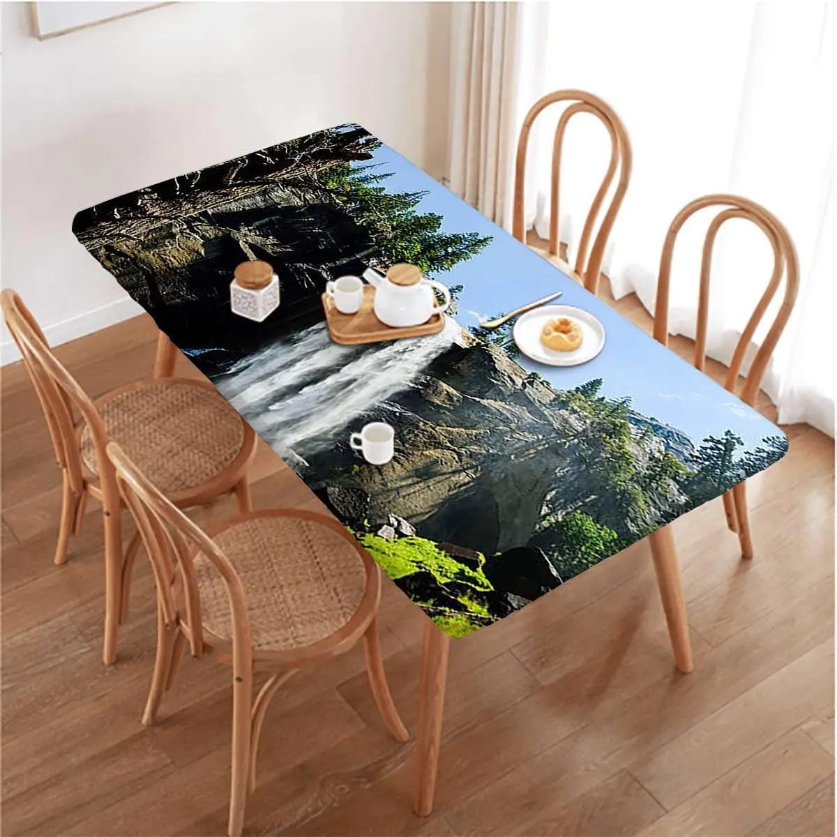 Green Elastic Tablecloth Park Alpine Forest Natural Scenic Waterproof Tablecloths for Picnic, Camping, Indoor, Outdoor Farm House Decor Fits up 5 Foot Tables