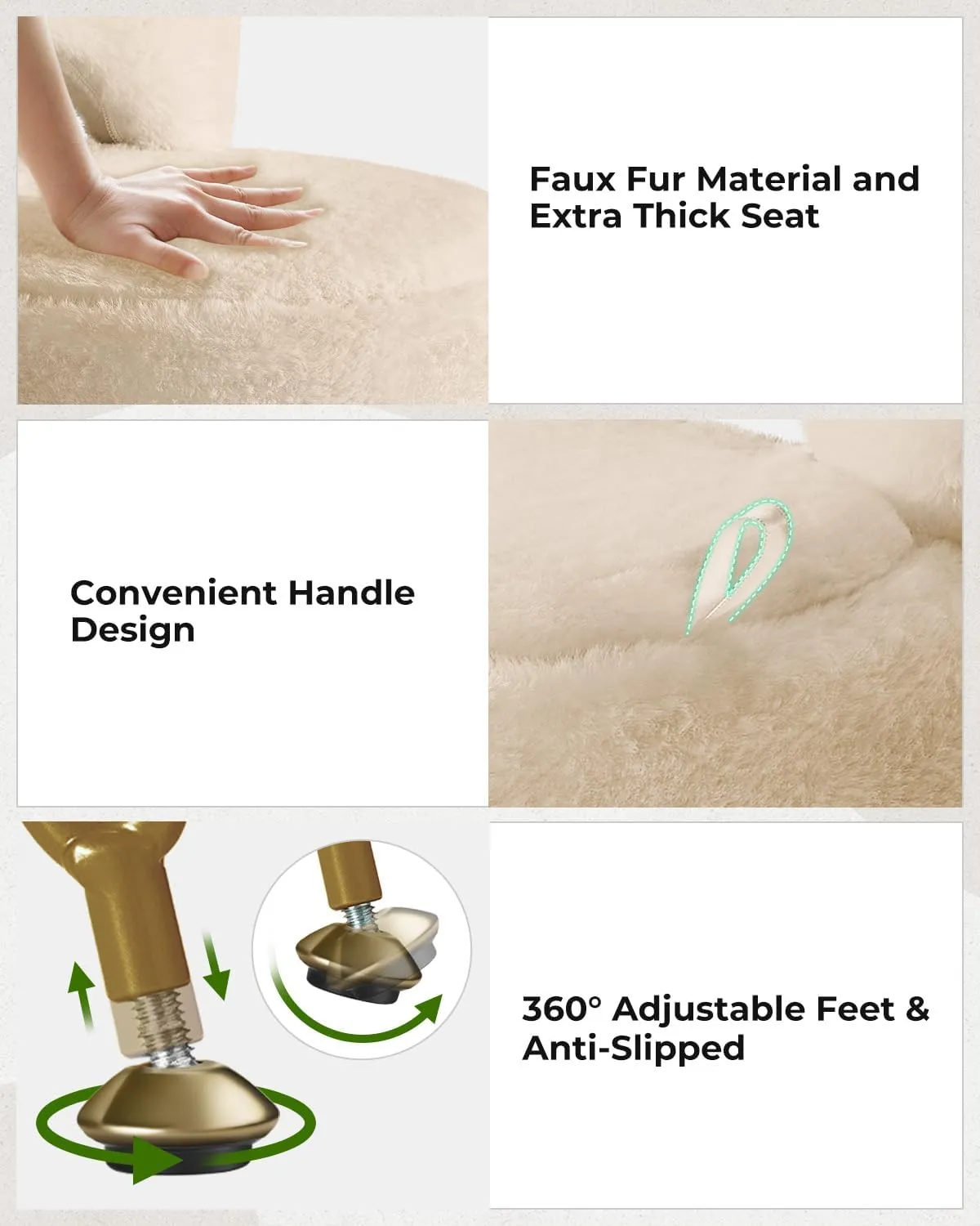 GREENSTELL Small Vanity Stool Chair with Storage and Folding Back, 13" x 13" x 17.7" Faux Fur Soft Ottoman for Teenager, 4 Metal Legs with Anti-Slip Feet, Furry Padded Seat for Makeup, Bedroom, Camel