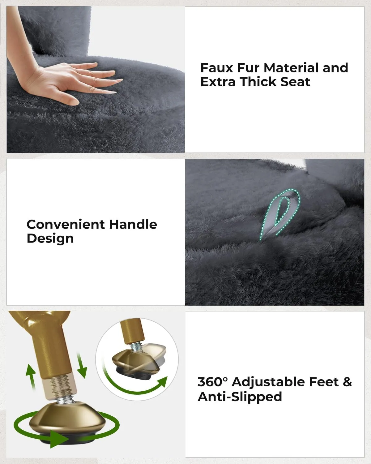GREENSTELL Small Vanity Stool Chair with Storage and Folding Back, 13" x 13" x 17.7" Faux Fur Soft Ottoman for Teenager, 4 Metal Legs with Anti-Slip Feet, Furry Padded Seat for Makeup, Bedroom, Grey