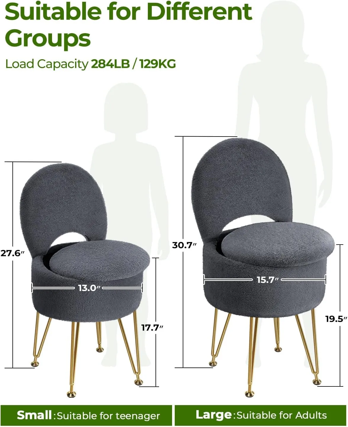 GREENSTELL Small Vanity Stool Chair with Storage and Folding Back, 13" x 13" x 17.7" Faux Fur Soft Ottoman for Teenager, 4 Metal Legs with Anti-Slip Feet, Furry Padded Seat for Makeup, Bedroom, Grey