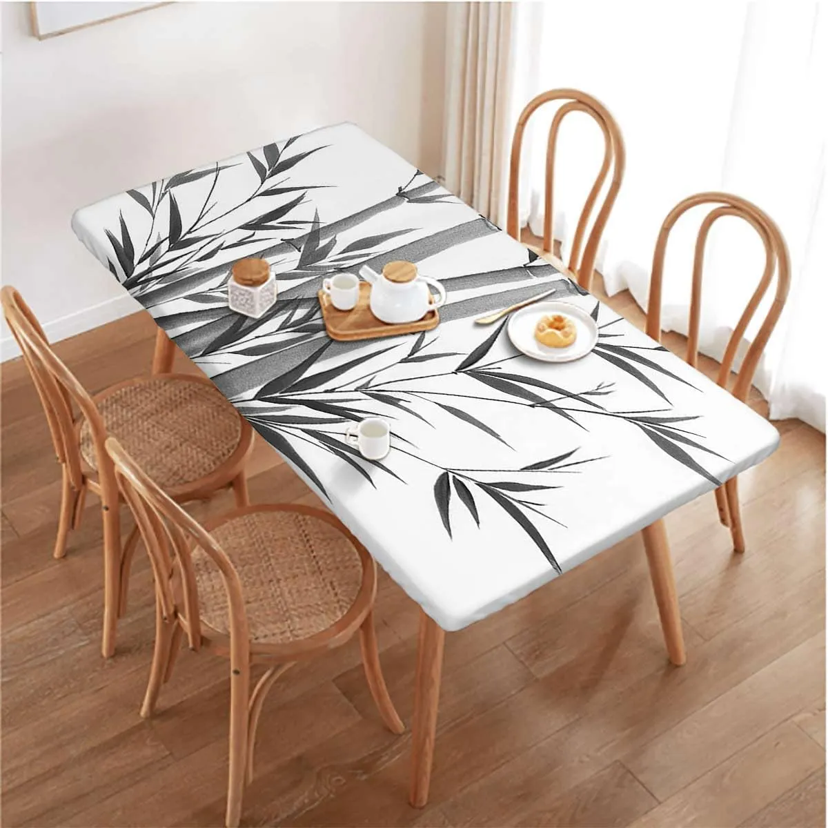 Grey Charcoal Fitted Tablecloth Cover, Bamboo Tree Clear Simple Background for Dining Tables,Buffet Parties and Camping Bamboo Fits up 5 Foot Tables