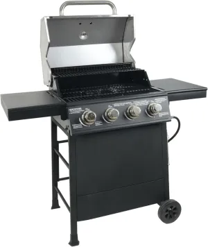 Grill Boss 4-Burner Outdoor Propane Gas Grill with Side Burner, Stainless Steel Lid, Push Ignition, Warming Rack, Wheels, Black