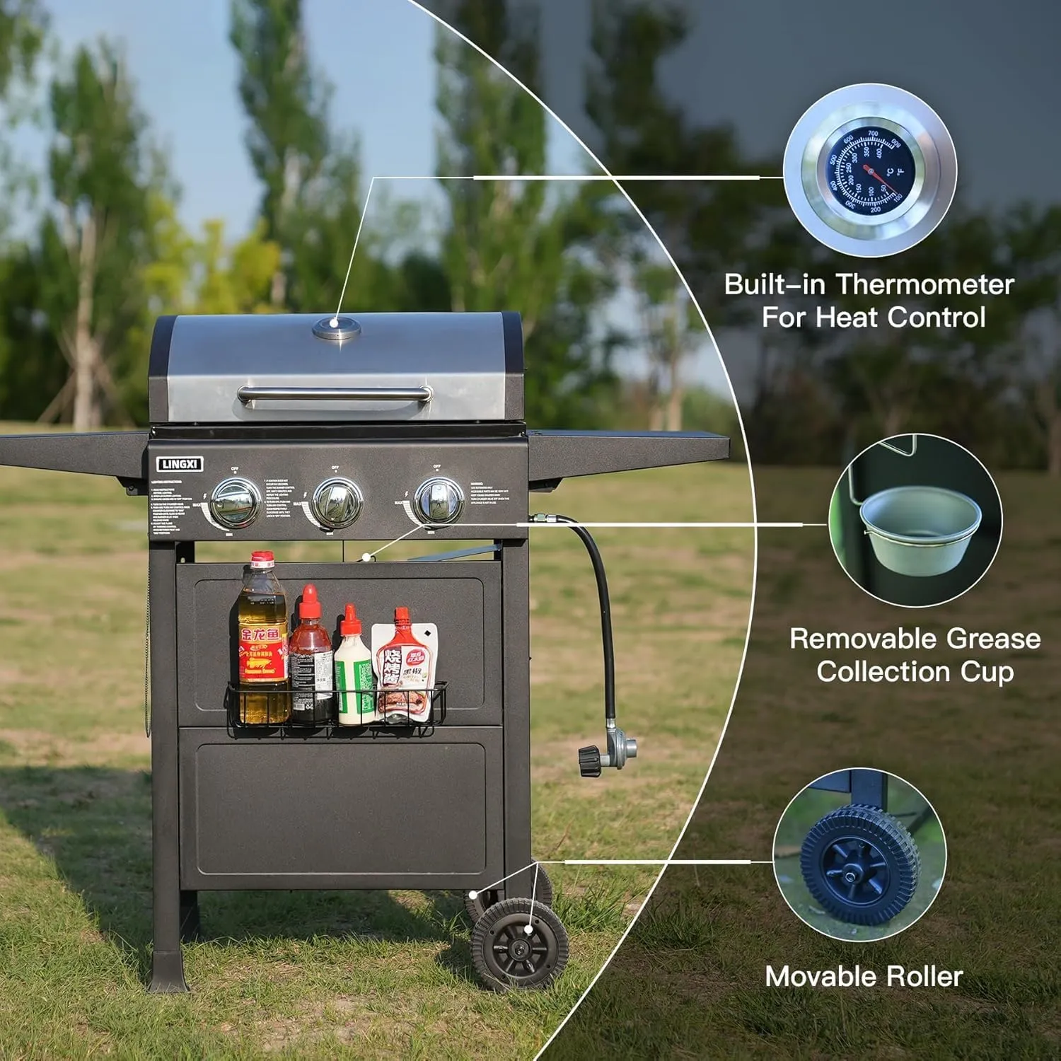 grill gas 3-Burner Propane Grill, Gas Grill with front hanging basket, 30000 BTU barbecue grill, Grills outdoor cooking. Suitable for Backyard, Outdoor, Patio, Garden.Outside grill.