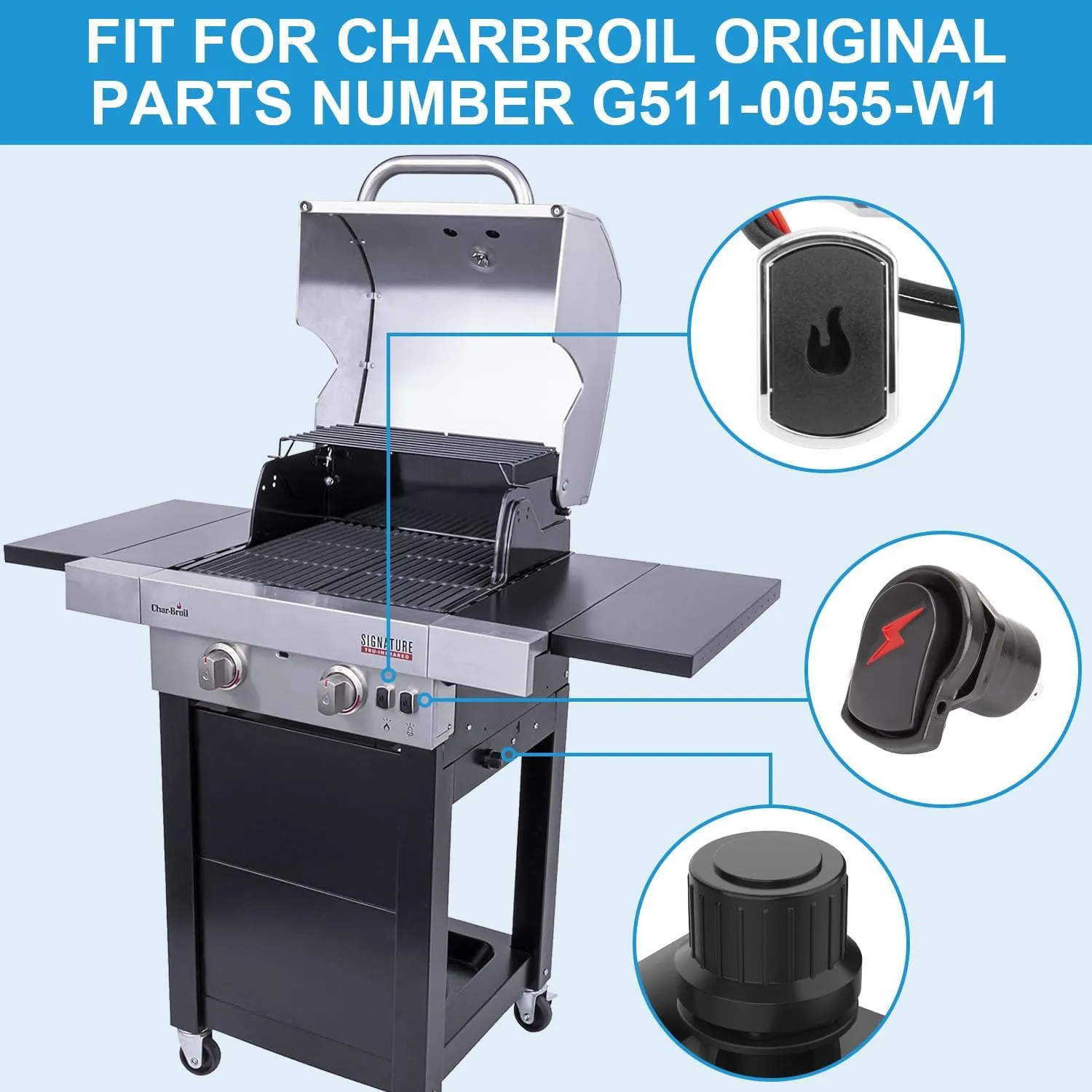 Grill Igniters for Charbroil Ignitor Replacement Kit, 4-Outlets Electronic Ignition Module with Wires G511-0055-W1 and 2 Push Buttons Igniter for Charbroil Surefire Ignition Systems