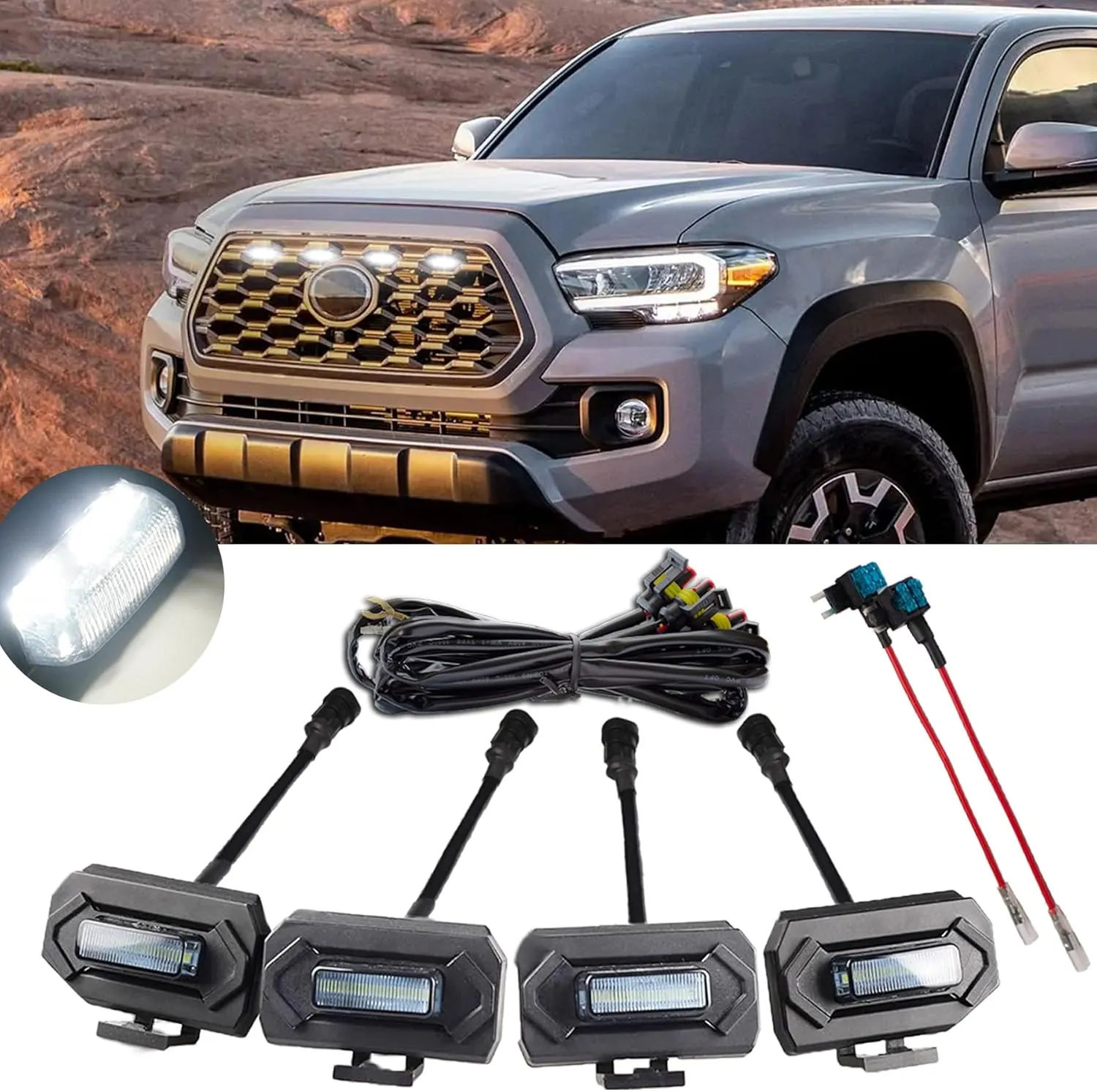 Grill Lights for 2020 2021 2022 2023 Toyota Tacoma OEM Off Road & Sport Replacement, 4pcs Front Grille Raptor Lamps Car Accessories with Two Fuse