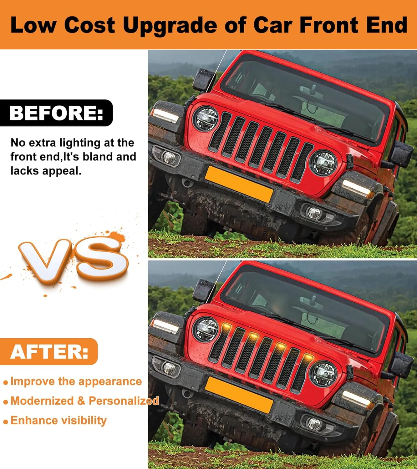 Grill Lights for Jeep Wrangler JL JLU Front Bumper Grille LED Running Marker Lamp Accessories (Amber, 2018-2023)