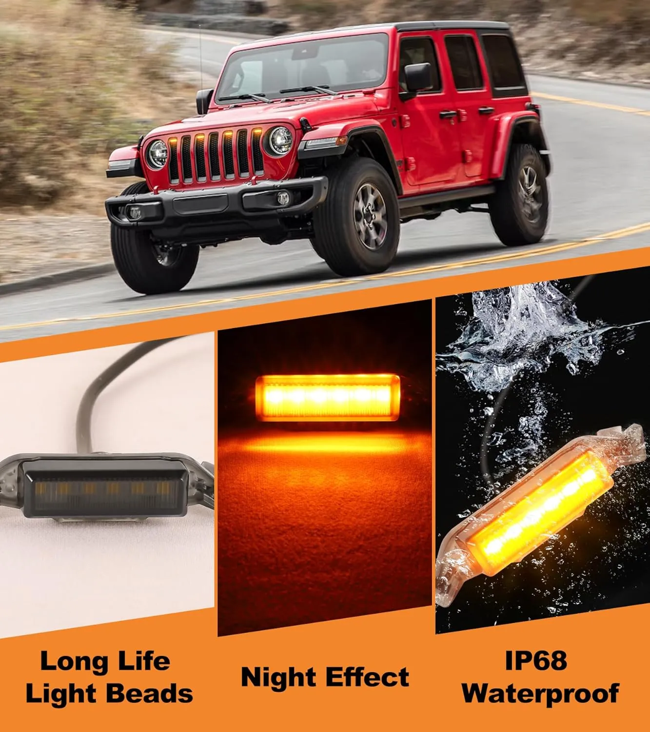 Grill Lights for Jeep Wrangler JL JLU Front Bumper Grille LED Running Marker Lamp Accessories (Amber, 2018-2023)