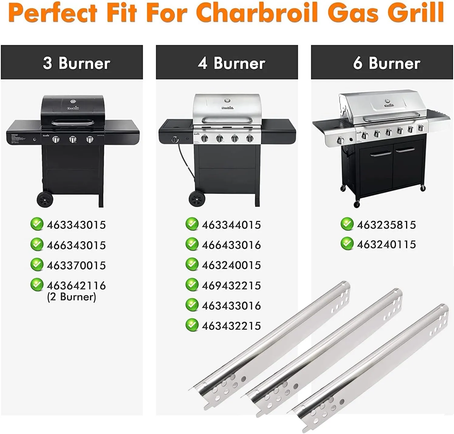 Grill Replacement Parts for Char-Broil Advantage 3 Burner 463343015, 463340315, 463335115, 463435115, 463436815, 463370015, 463234815. Heat Plates, Carryover Tubes for Charbroil Advantage Grill Parts.