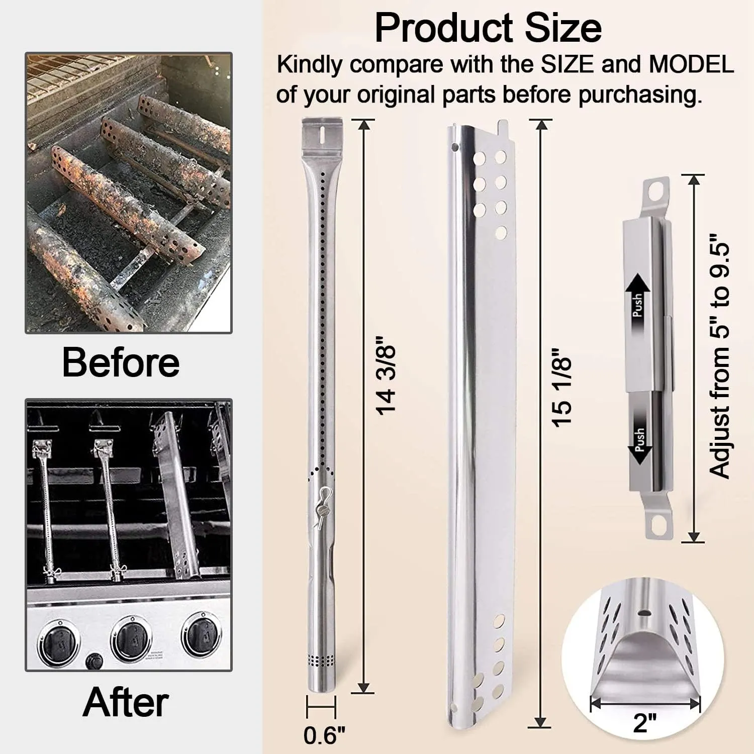 Grill Replacement Parts for Charbroil Advantage 3 Burner 463343015 463335115 463642116 Grill Gas, Stainless Steel Pipe Burners, Heat Plate Shields and Crossover Tubes for 463642116, 4 Burner 463344015