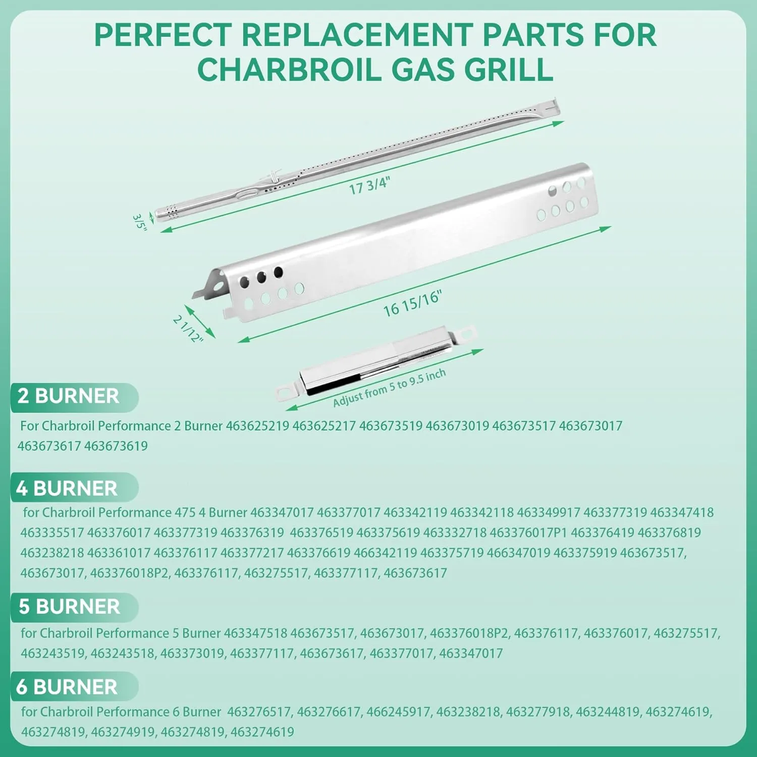 Grill Replacement Parts for Charbroil Performance 5 Burner 463347519 463347518, 475 4 Burner 463347017, 463342119, 463376018P2 Grills, G470-5200-W1 Burner, G470-0004-W1A Heat Plate, Crossover Tube