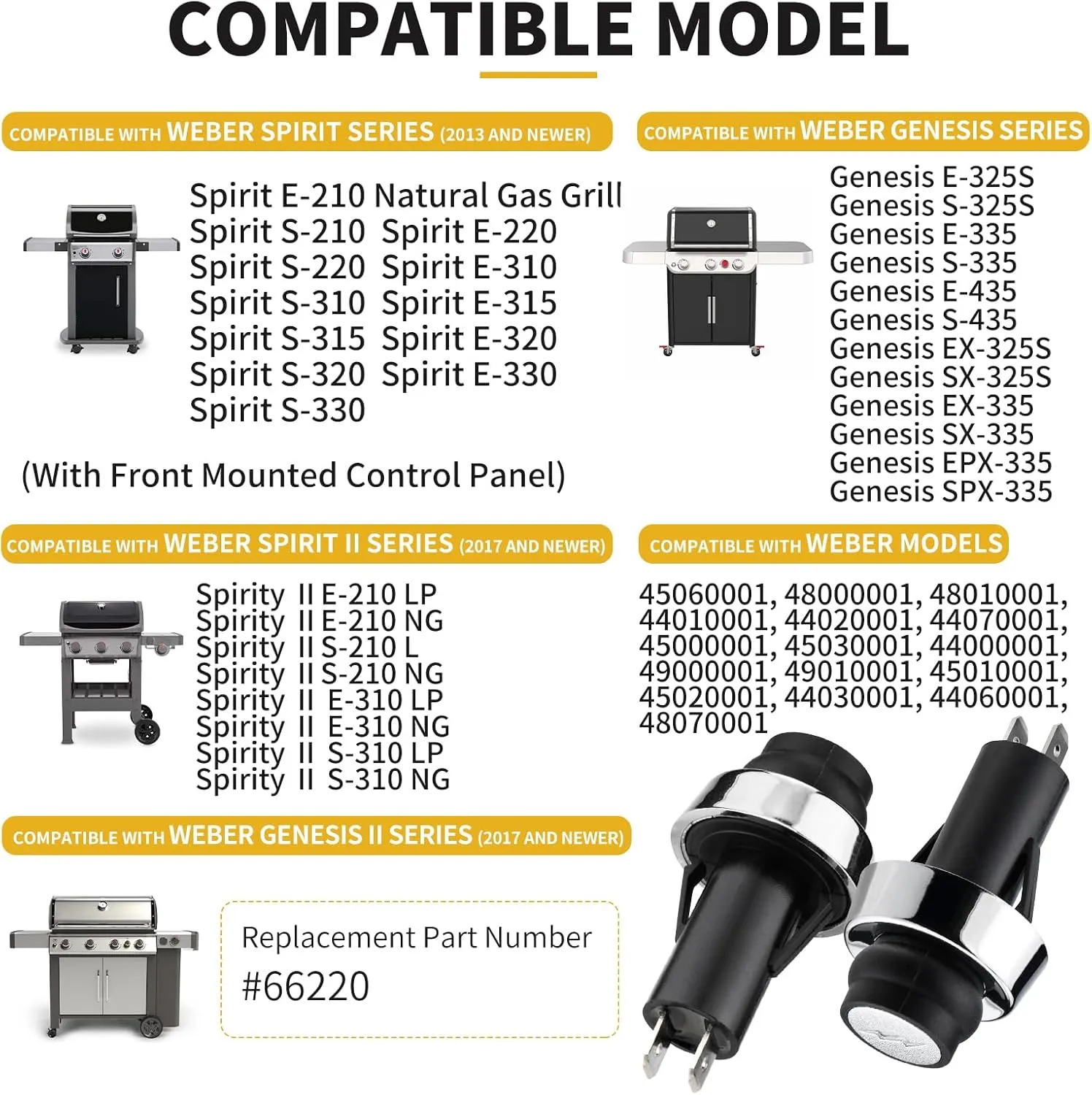 GS4 Igniter for Weber, GS4 Grill Igniter Switch Push Button Replacement Parts for Weber #66220 fit Weber GS4 Genesis II & Spirit II Gas Grills S310 E310 S-210 E-210