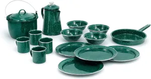 GSI Outdoors Camp Dinnerware Set I 4-Person Set Includes Pioneer Enamel Percolator, Frypan, Kettle, Bowls, Plates & Coffee Mugs