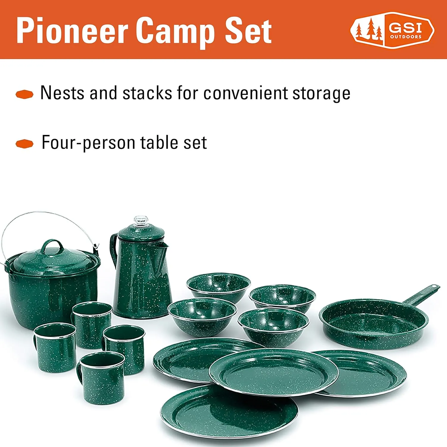 GSI Outdoors Camp Dinnerware Set I 4-Person Set Includes Pioneer Enamel Percolator, Frypan, Kettle, Bowls, Plates & Coffee Mugs
