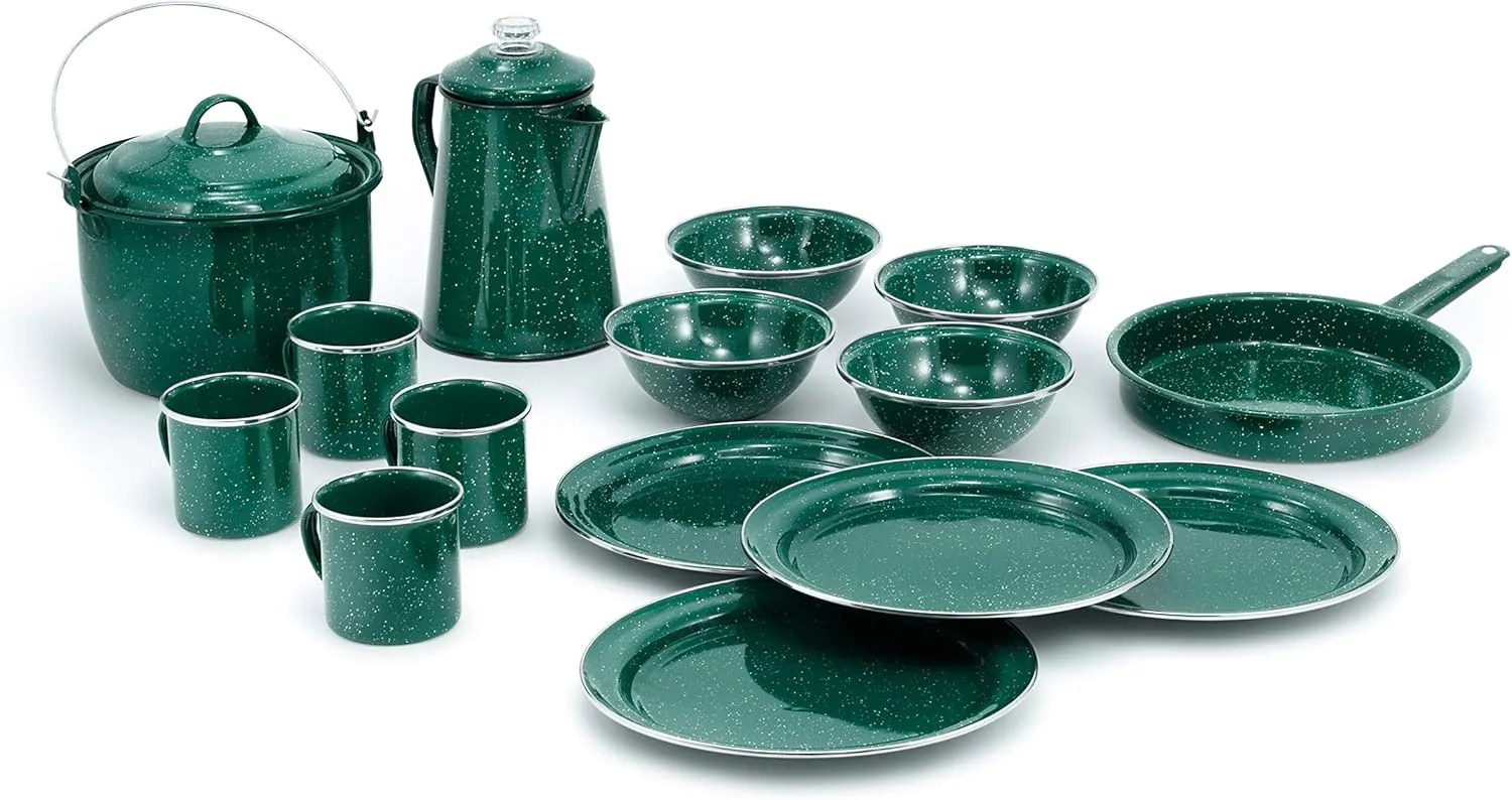 GSI Outdoors Camp Dinnerware Set I 4-Person Set Includes Pioneer Enamel Percolator, Frypan, Kettle, Bowls, Plates & Coffee Mugs
