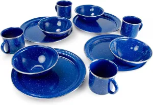 GSI Outdoors Camp Table Set for 4 I Includes Enamel Pioneer Plates, Bowls, & Coffee Mugs for Camping, Outdoors, RV