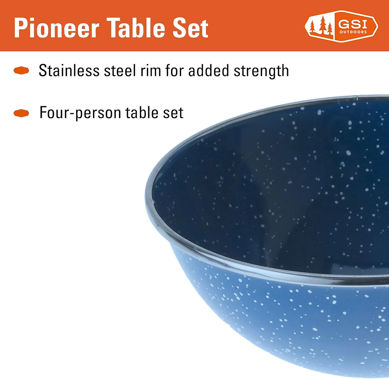 GSI Outdoors Camp Table Set for 4 I Includes Enamel Pioneer Plates, Bowls, & Coffee Mugs for Camping, Outdoors, RV