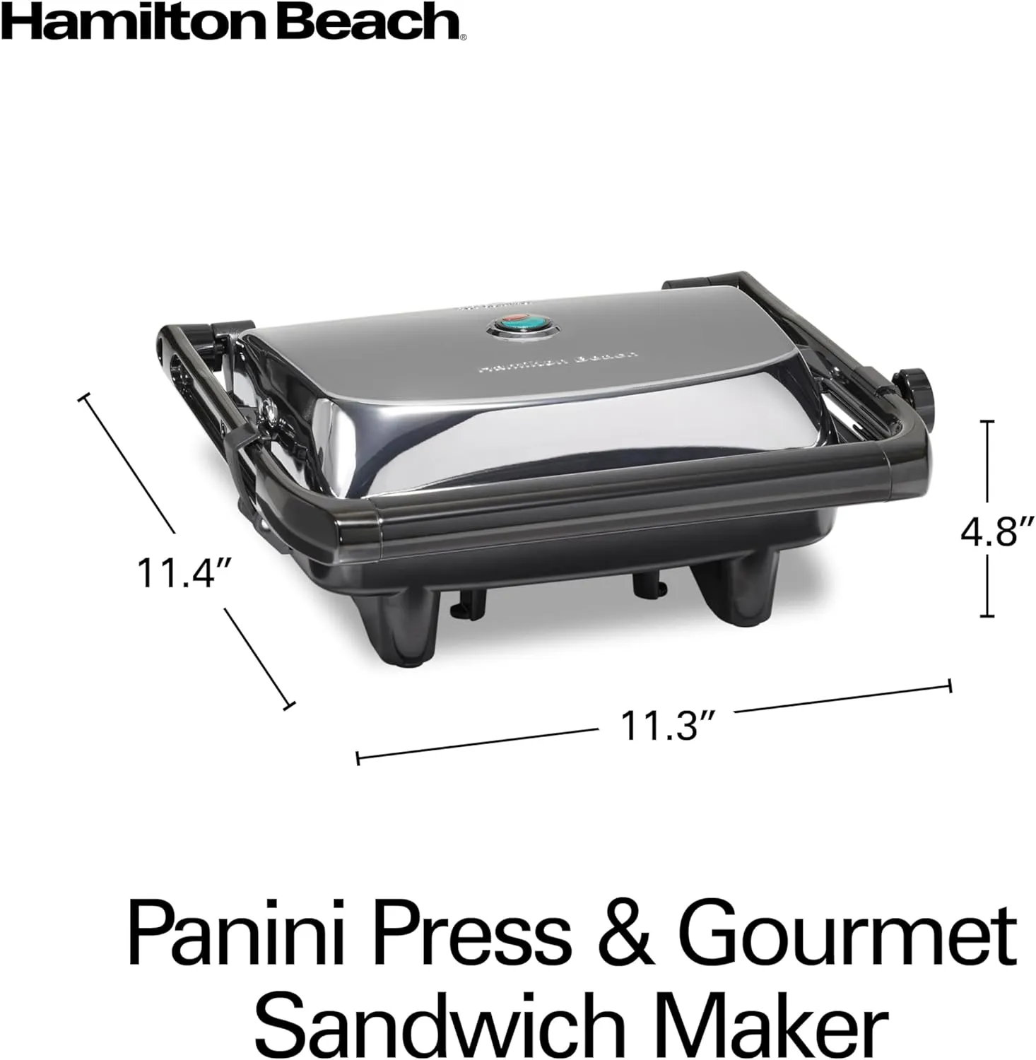 Hamilton Beach Panini Press Sandwich Maker & Electric Indoor Grill with Locking Lid, Opens 180 Degrees for any Thickness for Quesadillas, Burgers & More, Nonstick 8" x 10" Grids, Chrome (25460AG)