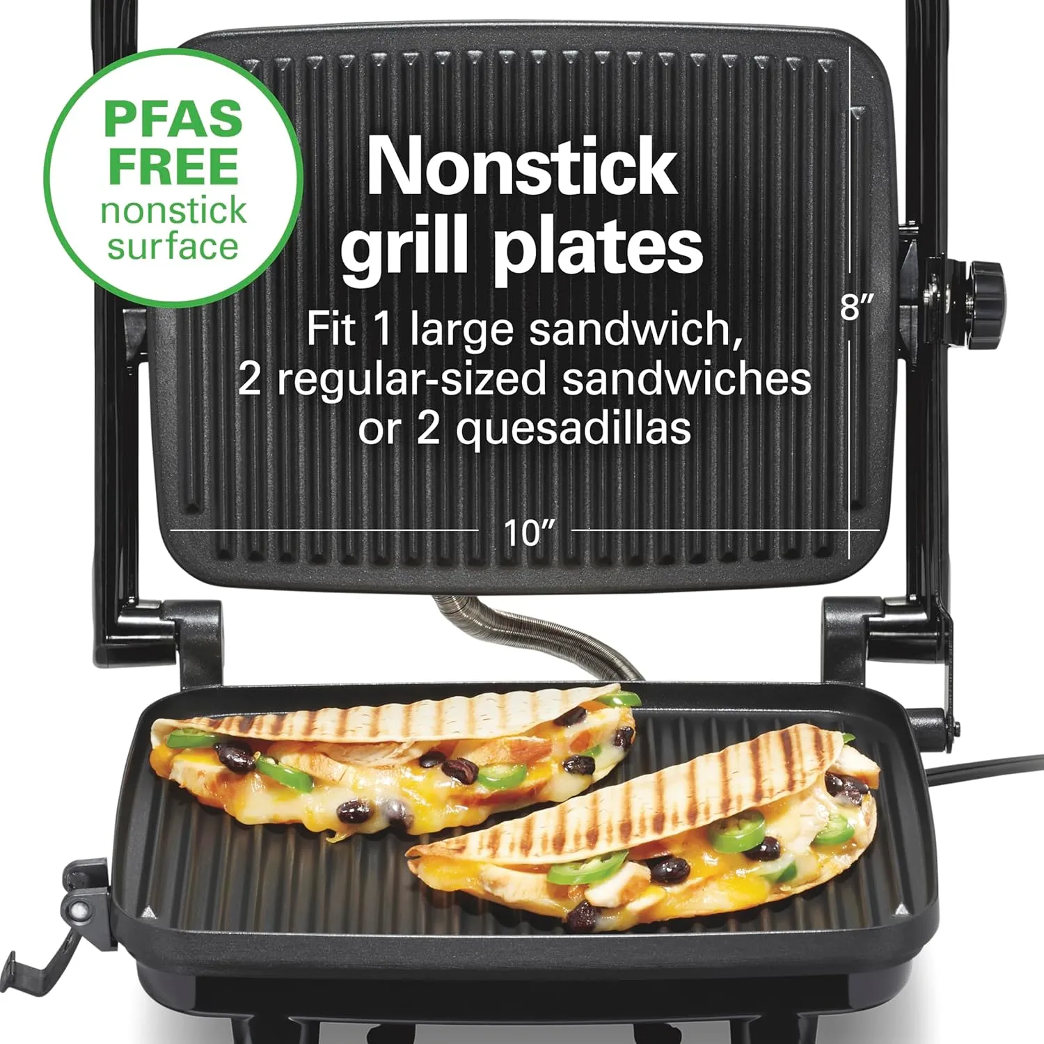 Hamilton Beach Panini Press Sandwich Maker & Electric Indoor Grill with Locking Lid, Opens 180 Degrees for any Thickness for Quesadillas, Burgers & More, Nonstick 8" x 10" Grids, Chrome (25460AG)