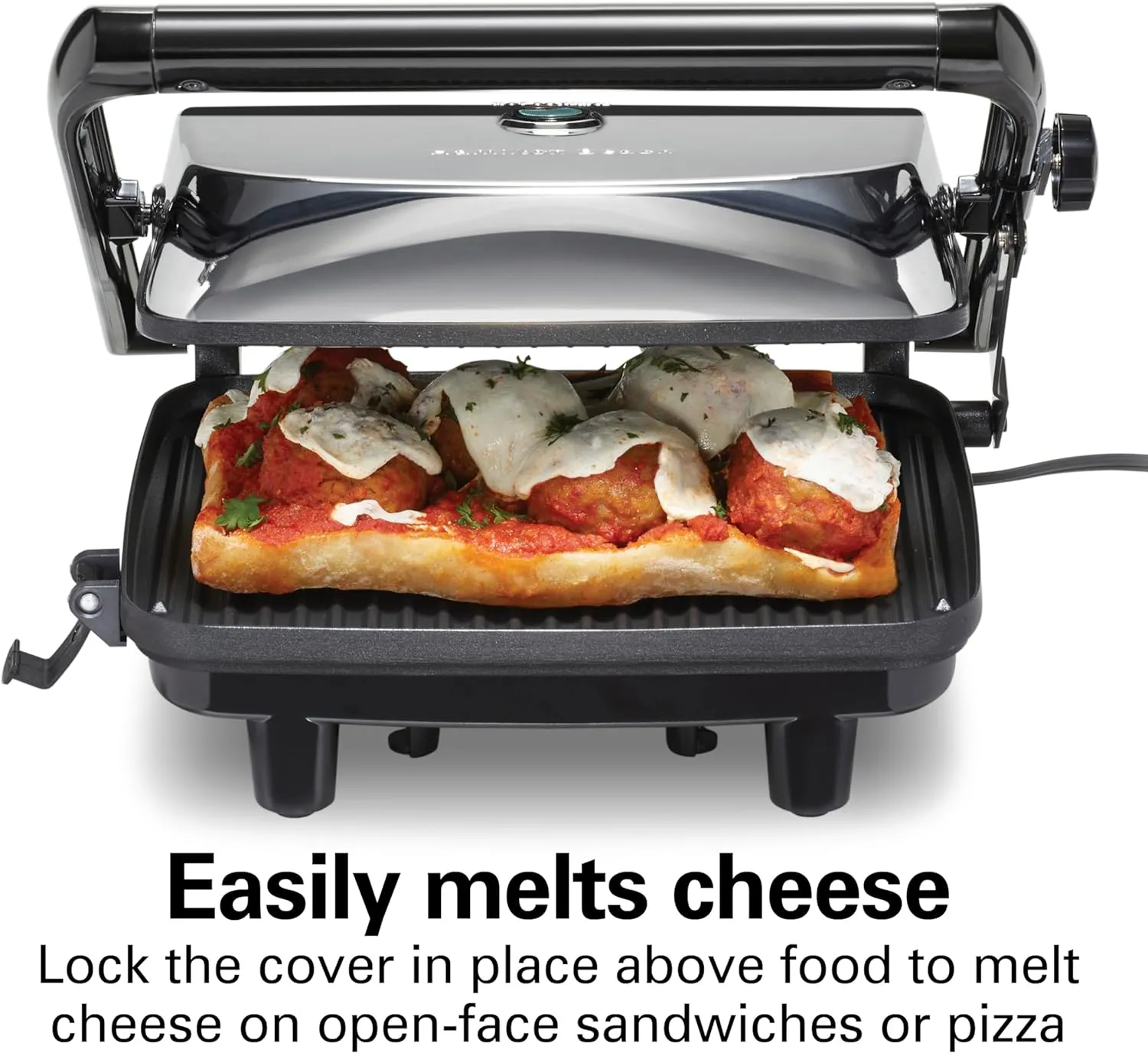Hamilton Beach Panini Press Sandwich Maker & Electric Indoor Grill with Locking Lid, Opens 180 Degrees for any Thickness for Quesadillas, Burgers & More, Nonstick 8" x 10" Grids, Chrome (25460AG)