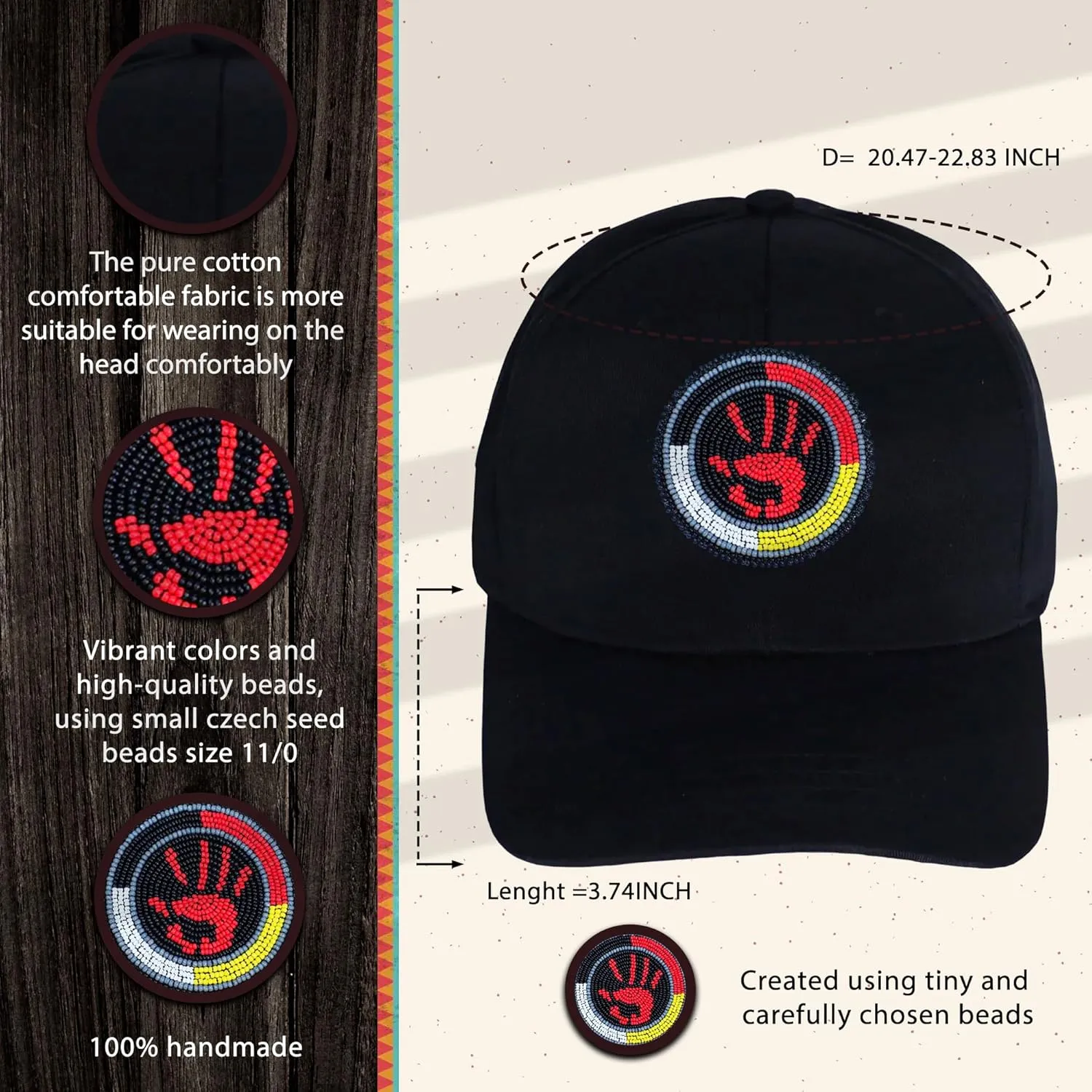 Handmade Baseball Cap for Men Women Native American Patch with No Brim/Brim Beaded Colorful Cotton Cap Unisex
