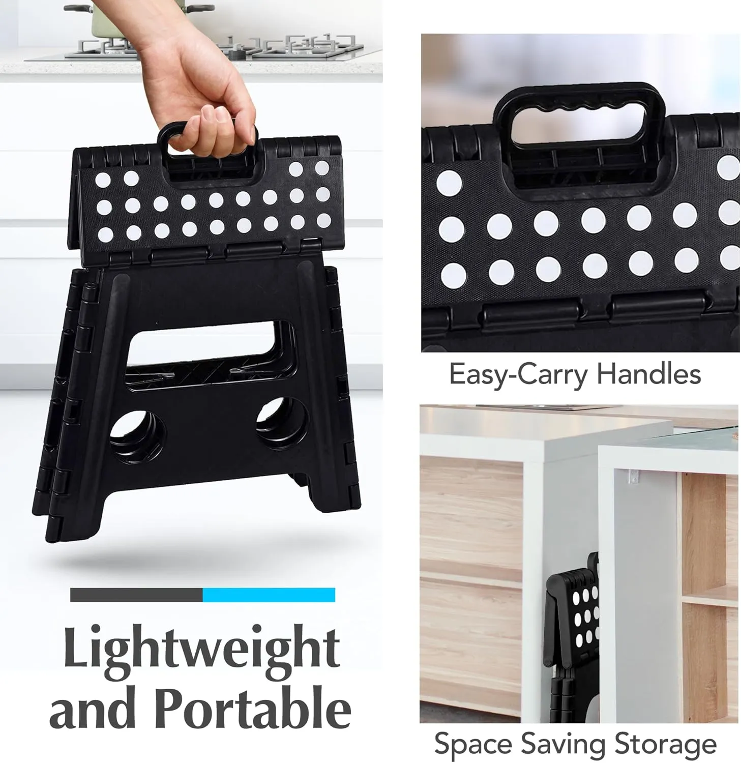 Handy Laundry Folding Lightweight Step Stool is Sturdy Enough to Support Adults and Safe Enough for Kids. Opens Easy with One Flip. Great for Kitchen, Bathroom or Bedroom. (Black- 13 inch)