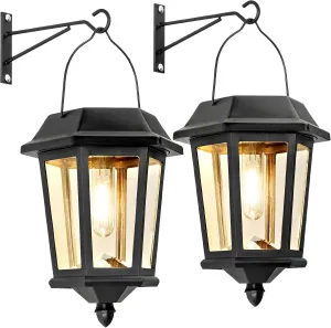 Hanging Solar Lanterns Outdoor, 2 Pack Glass Solar Lights Outdoor Waterproof, Auto ON/Off Solar Wall Lanterns for Outside Porch, Patio and Yard