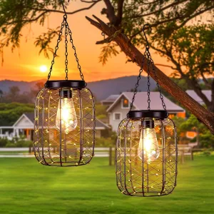 Hanging Solar Lanterns Outdoor Waterproof, Vintage Copper Hanging Lantern Lights for Outside, Solar Chandelier Outdoor Idea for Yard Garden Pathway Gazebo Pergola Porch Decor, 2 Pack