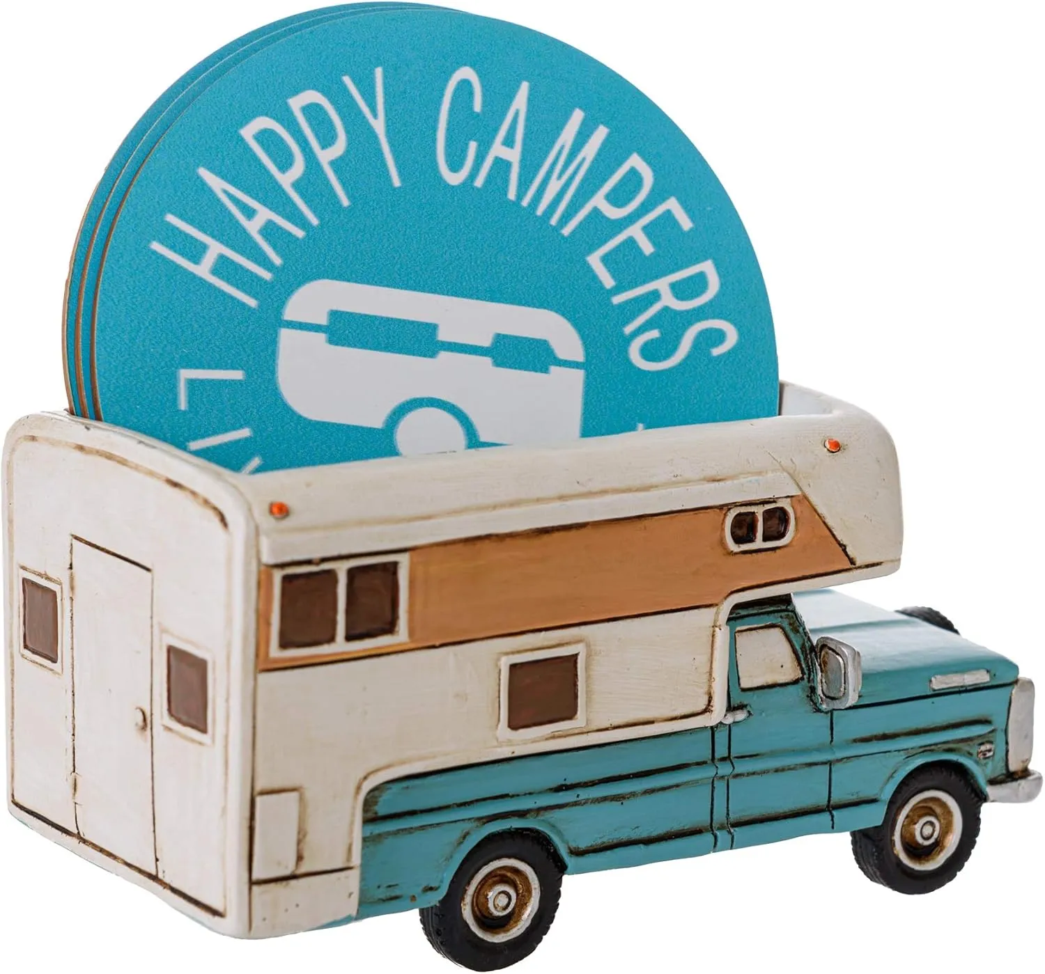 Happy Camper Car Truck RV Coasters - Rustic Home Decor for Drinks - Living Room Table Dining Bar Camp Coasters