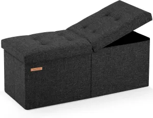 HAUSFRAU 31.5 Inches Ottoman with Storage, Folding Ottoman Bench Small Foot Rest Stool, Bedroom Bench with Flipping Lid, Linen Black