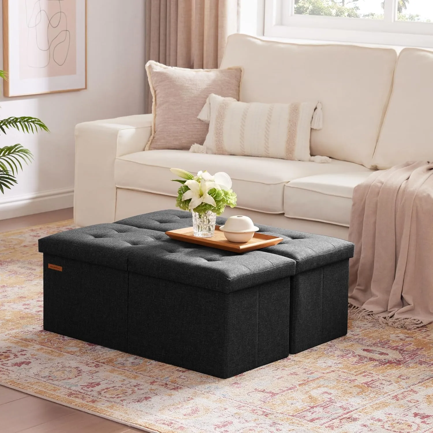 HAUSFRAU 31.5 Inches Ottoman with Storage, Folding Ottoman Bench Small Foot Rest Stool, Bedroom Bench with Flipping Lid, Linen Black