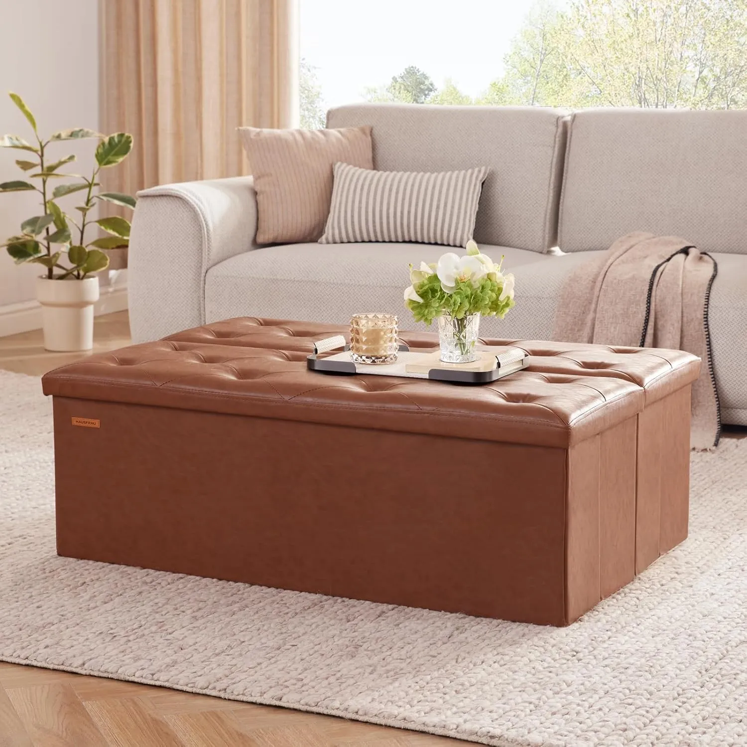 HAUSFRAU 43.5 Inches Ottoman with Storage Bench, Folding Ottoman Bench Foot Rest Stool, Bedroom Bench, Holds up to 660 lb, Faux Leather Retro Brown