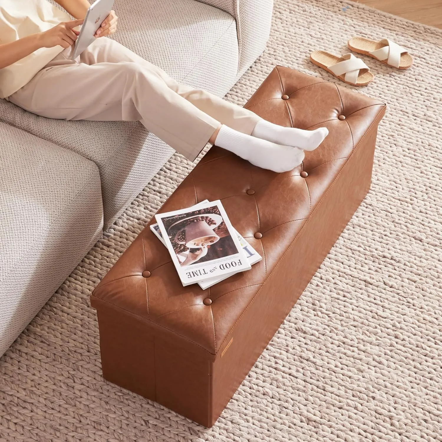 HAUSFRAU 43.5 Inches Ottoman with Storage Bench, Folding Ottoman Bench Foot Rest Stool, Bedroom Bench, Holds up to 660 lb, Faux Leather Retro Brown