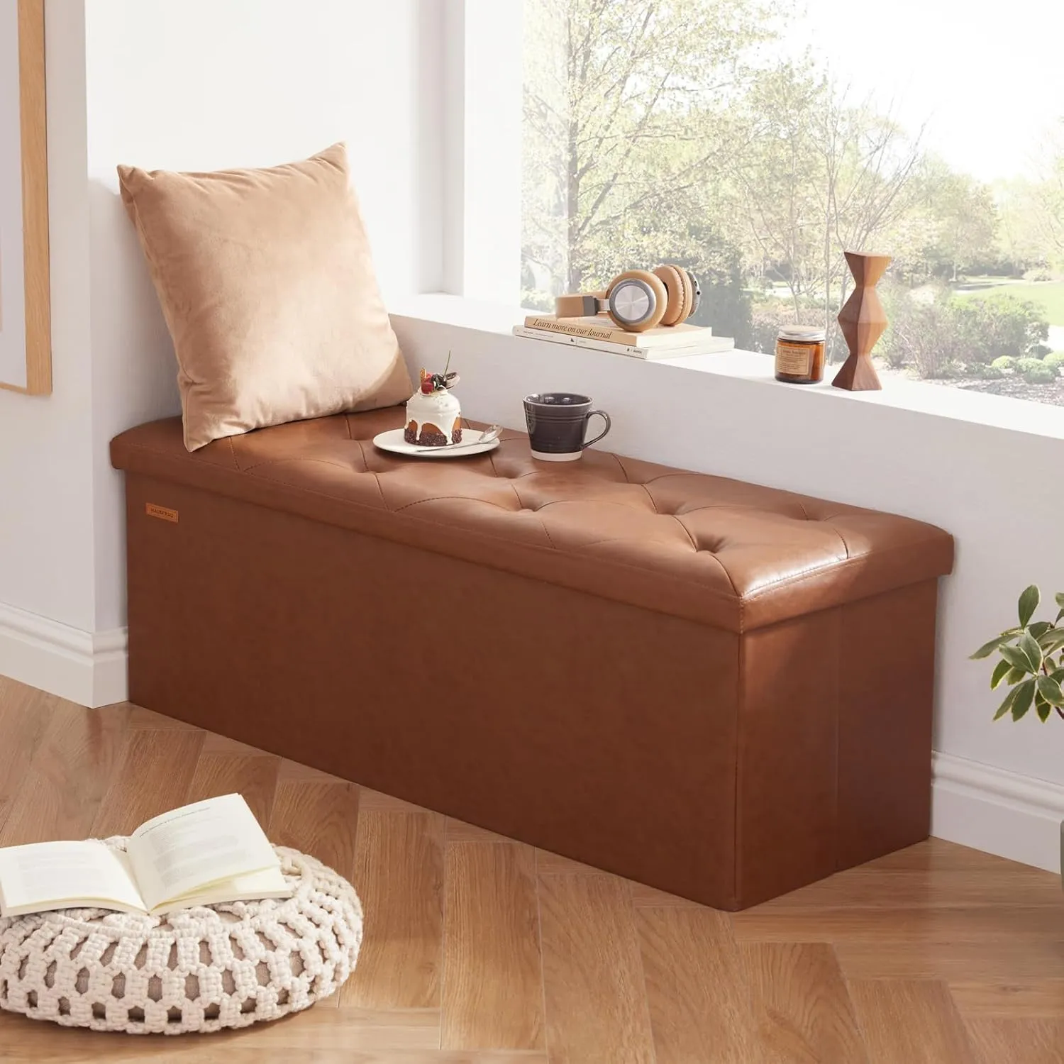 HAUSFRAU 43.5 Inches Ottoman with Storage Bench, Folding Ottoman Bench Foot Rest Stool, Bedroom Bench, Holds up to 660 lb, Faux Leather Retro Brown