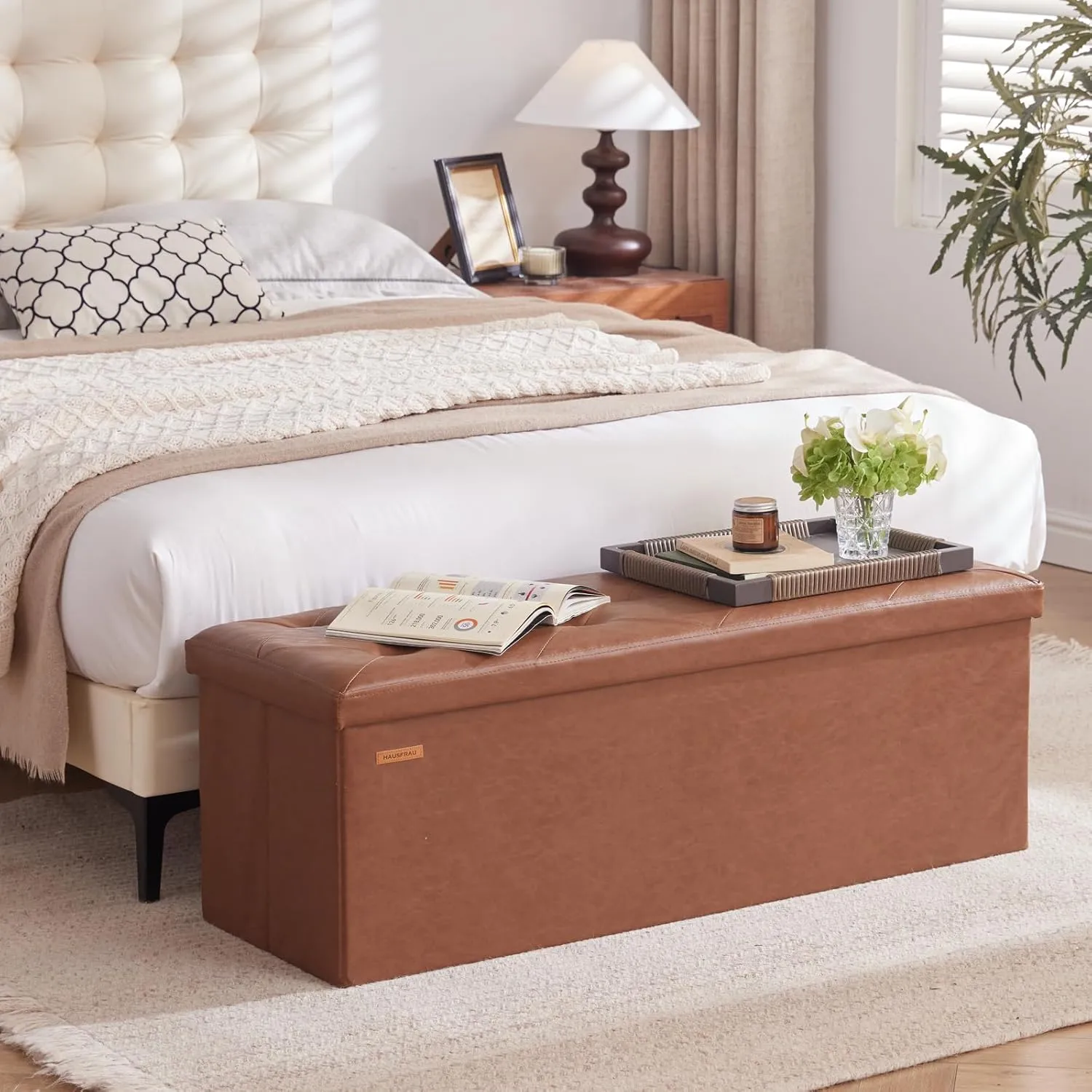 HAUSFRAU 43.5 Inches Ottoman with Storage Bench, Folding Ottoman Bench Foot Rest Stool, Bedroom Bench, Holds up to 660 lb, Faux Leather Retro Brown