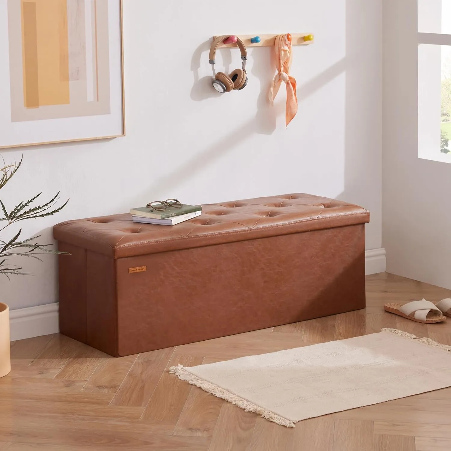 HAUSFRAU 43.5 Inches Ottoman with Storage Bench, Folding Ottoman Bench Foot Rest Stool, Bedroom Bench, Holds up to 660 lb, Faux Leather Retro Brown