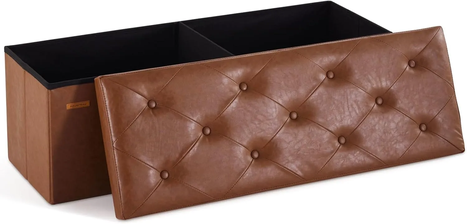 HAUSFRAU 43.5 Inches Ottoman with Storage Bench, Folding Ottoman Bench Foot Rest Stool, Bedroom Bench, Holds up to 660 lb, Faux Leather Retro Brown
