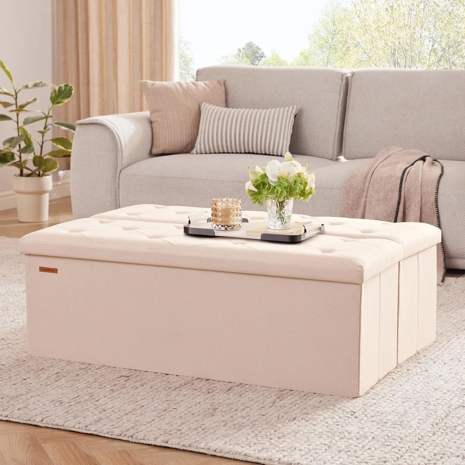 HAUSFRAU 43.5 Inches Ottoman with Storage Bench, Folding Ottoman Bench Foot Rest Stool, Bedroom Bench, Holds up to 660 lb, Linen Beige