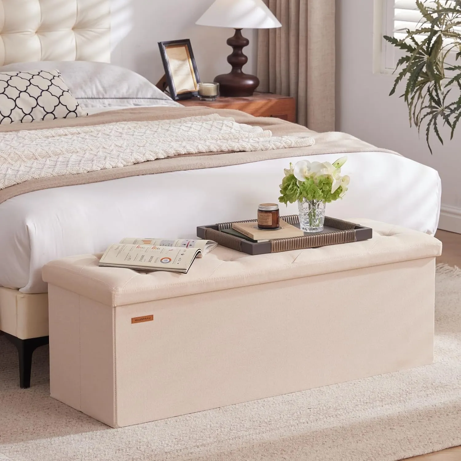 HAUSFRAU 43.5 Inches Ottoman with Storage Bench, Folding Ottoman Bench Foot Rest Stool, Bedroom Bench, Holds up to 660 lb, Linen Beige