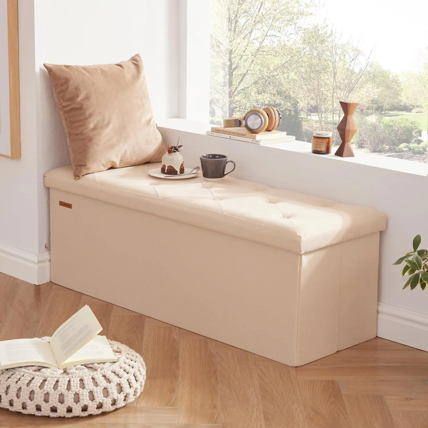 HAUSFRAU 43.5 Inches Ottoman with Storage Bench, Folding Ottoman Bench Foot Rest Stool, Bedroom Bench, Holds up to 660 lb, Linen Beige