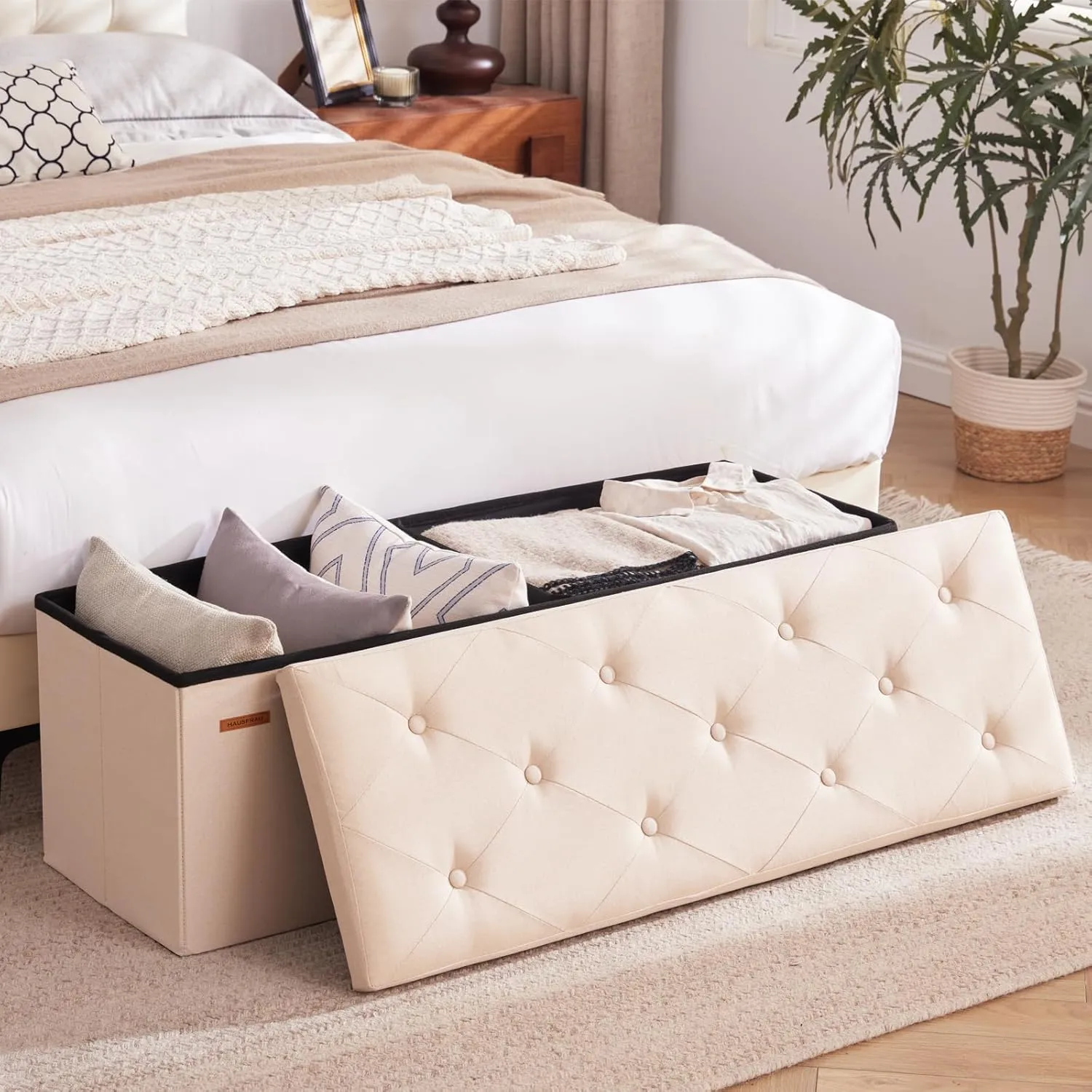 HAUSFRAU 43.5 Inches Ottoman with Storage Bench, Folding Ottoman Bench Foot Rest Stool, Bedroom Bench, Holds up to 660 lb, Linen Beige