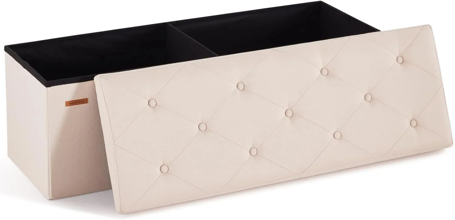 HAUSFRAU 43.5 Inches Ottoman with Storage Bench, Folding Ottoman Bench Foot Rest Stool, Bedroom Bench, Holds up to 660 lb, Linen Beige