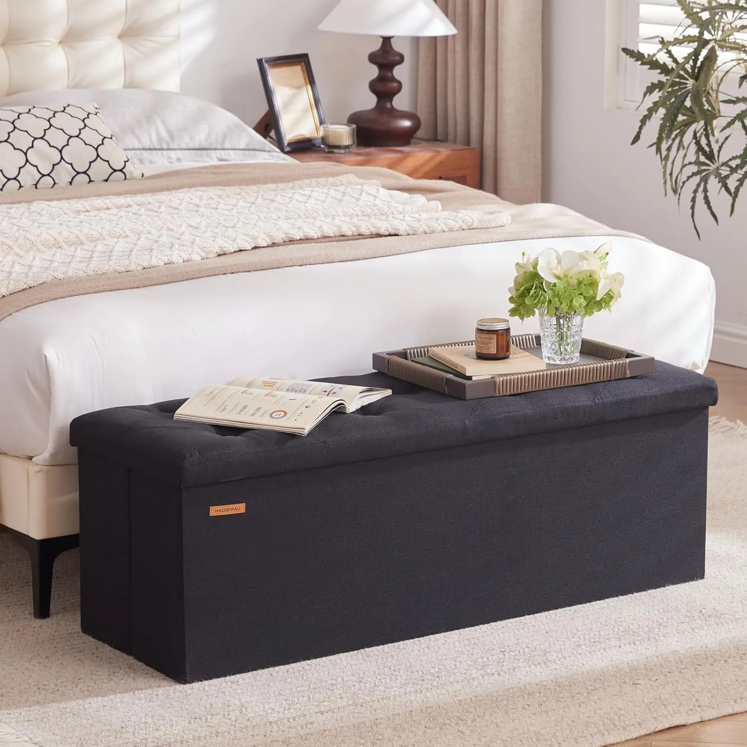 HAUSFRAU 43.5 Inches Ottoman with Storage Bench, Folding Ottoman Bench Foot Rest Stool, Bedroom Bench, Holds up to 660 lb, Linen Black