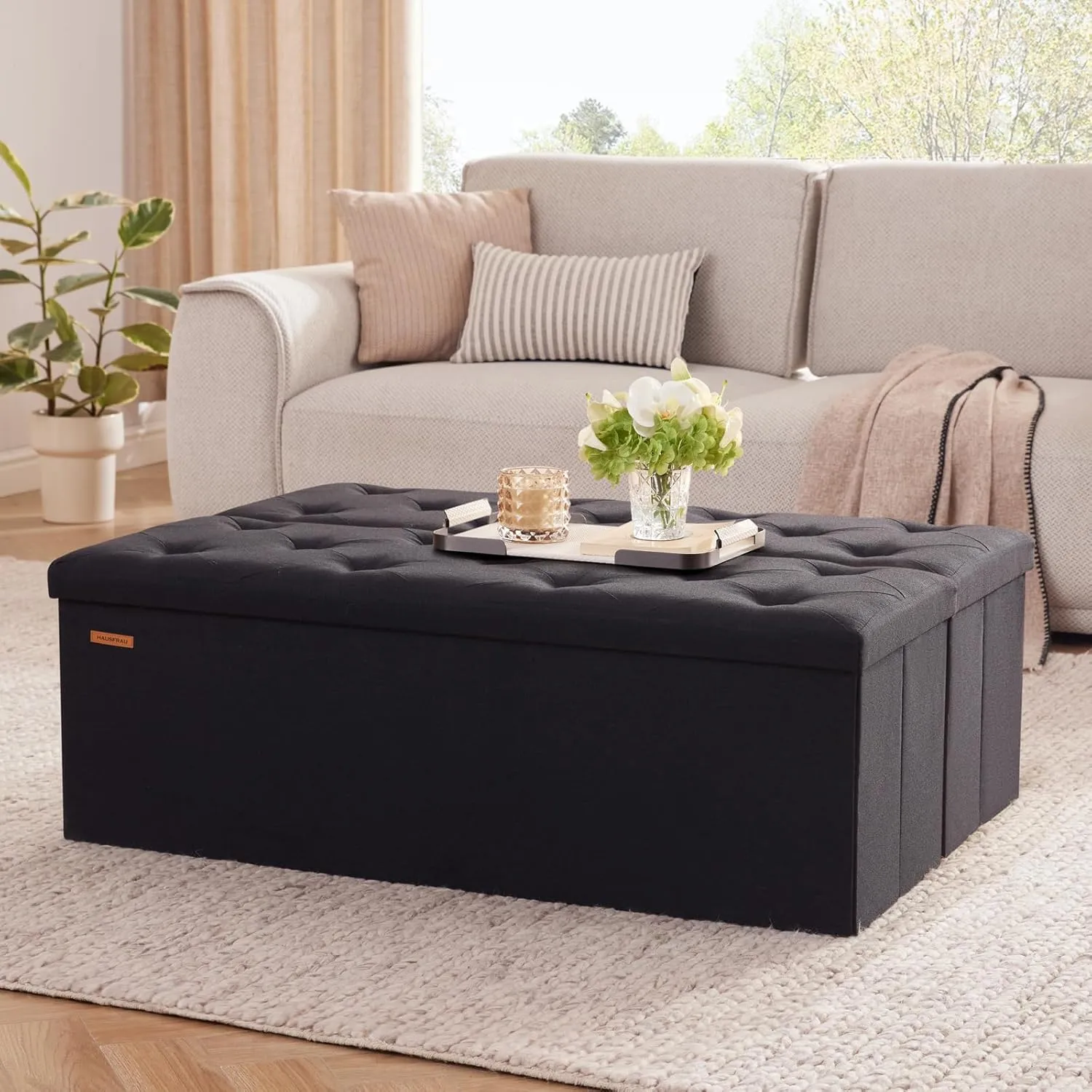 HAUSFRAU 43.5 Inches Ottoman with Storage Bench, Folding Ottoman Bench Foot Rest Stool, Bedroom Bench, Holds up to 660 lb, Linen Black
