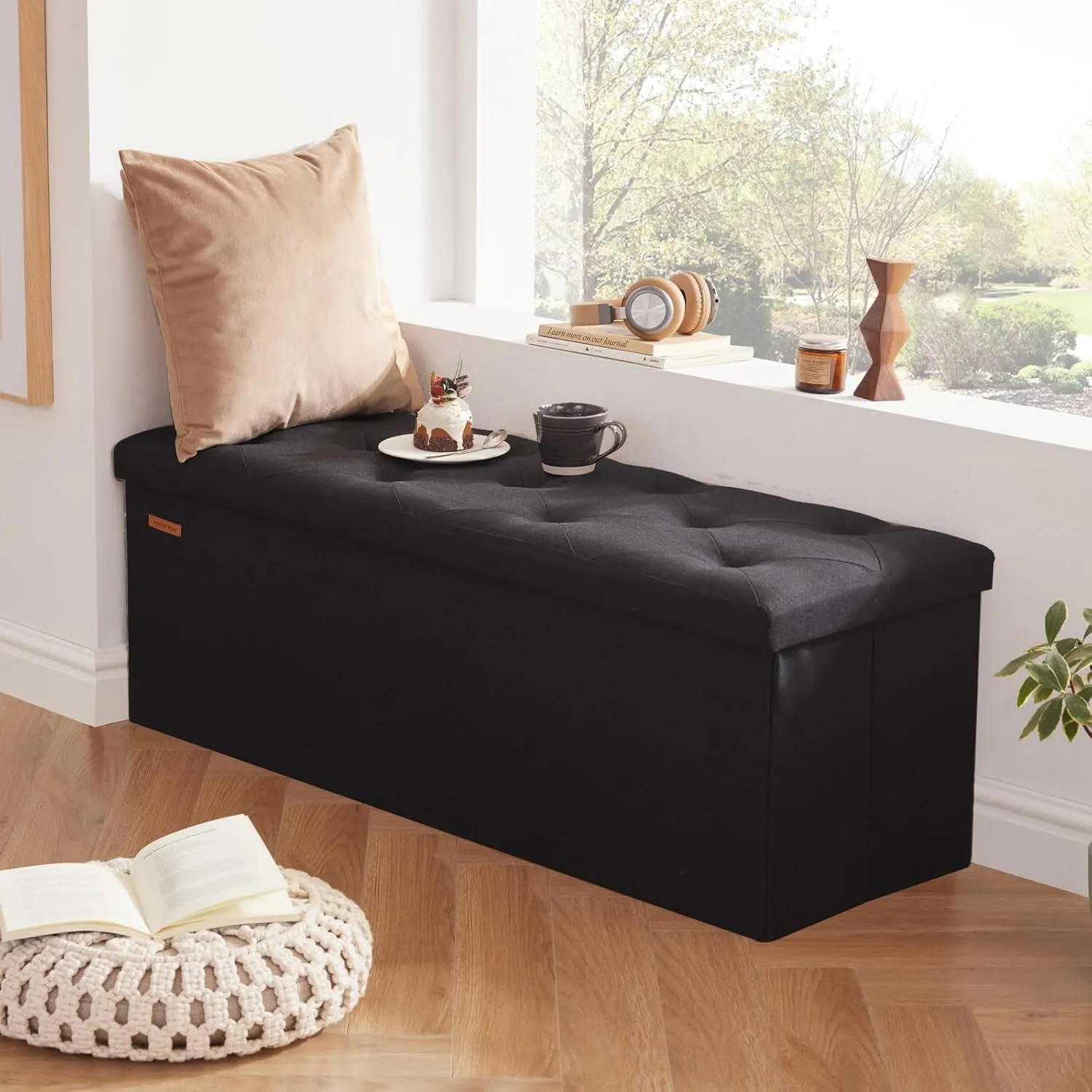 HAUSFRAU 43.5 Inches Ottoman with Storage Bench, Folding Ottoman Bench Foot Rest Stool, Bedroom Bench, Holds up to 660 lb, Linen Black