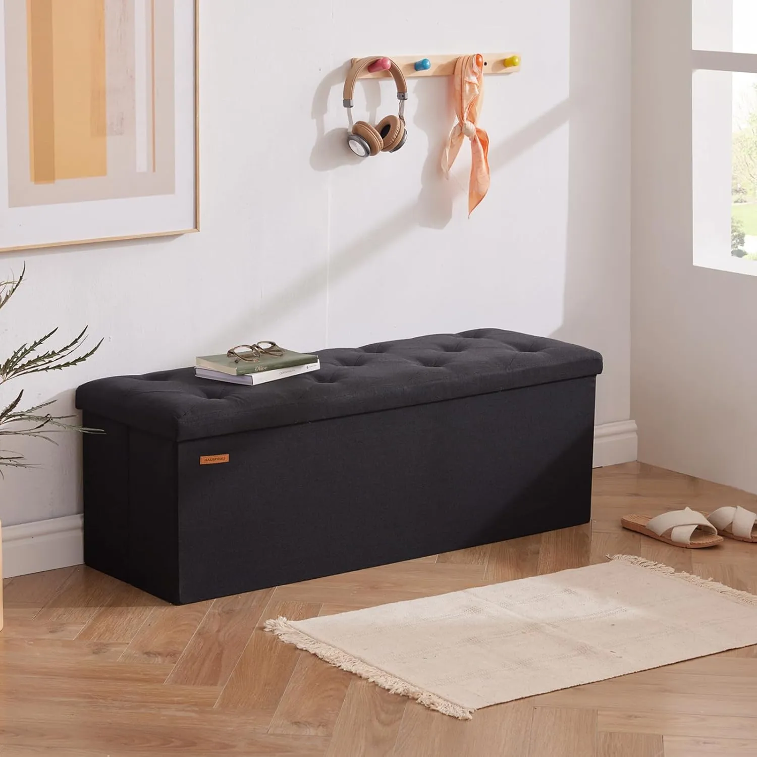 HAUSFRAU 43.5 Inches Ottoman with Storage Bench, Folding Ottoman Bench Foot Rest Stool, Bedroom Bench, Holds up to 660 lb, Linen Black