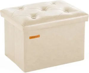 HAUSFRAU Storage Ottoman Foot Rest Stool, Small Folding Ottoman with Storage, Tufted Square Cube Footrest, Faux Leather Ivory