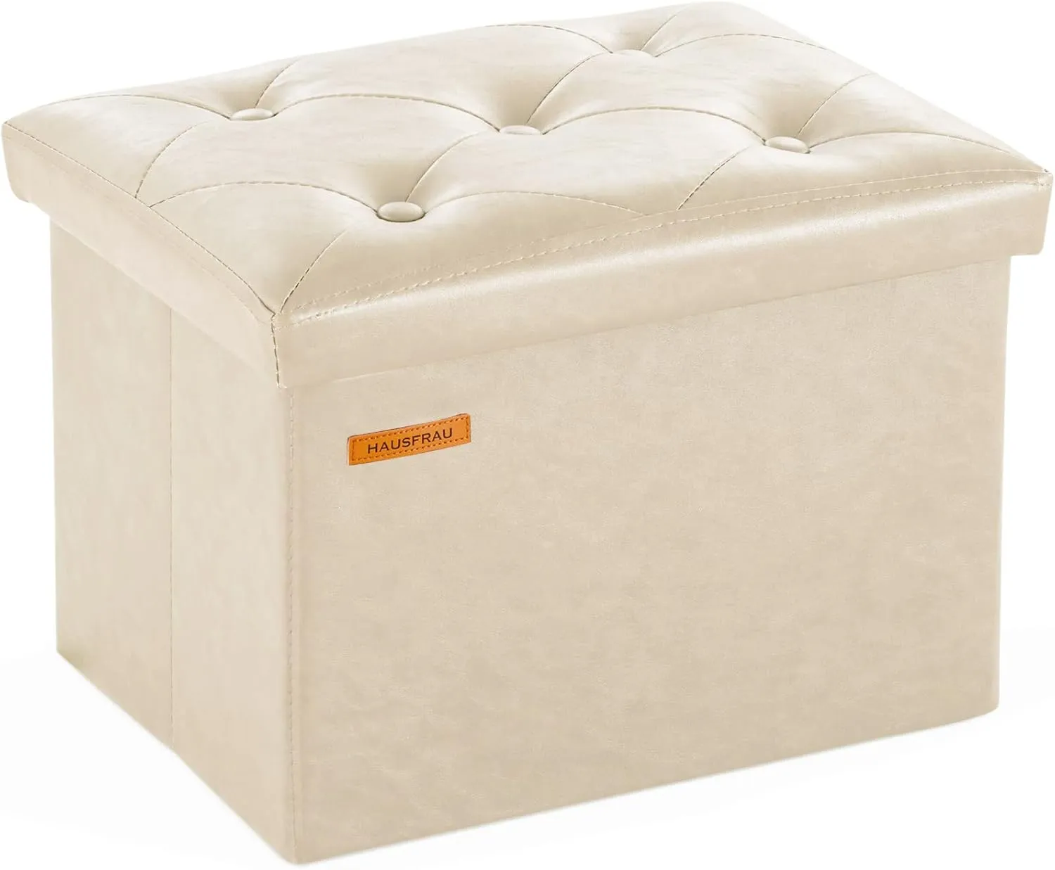 HAUSFRAU Storage Ottoman Foot Rest Stool, Small Folding Ottoman with Storage, Tufted Square Cube Footrest, Faux Leather Ivory