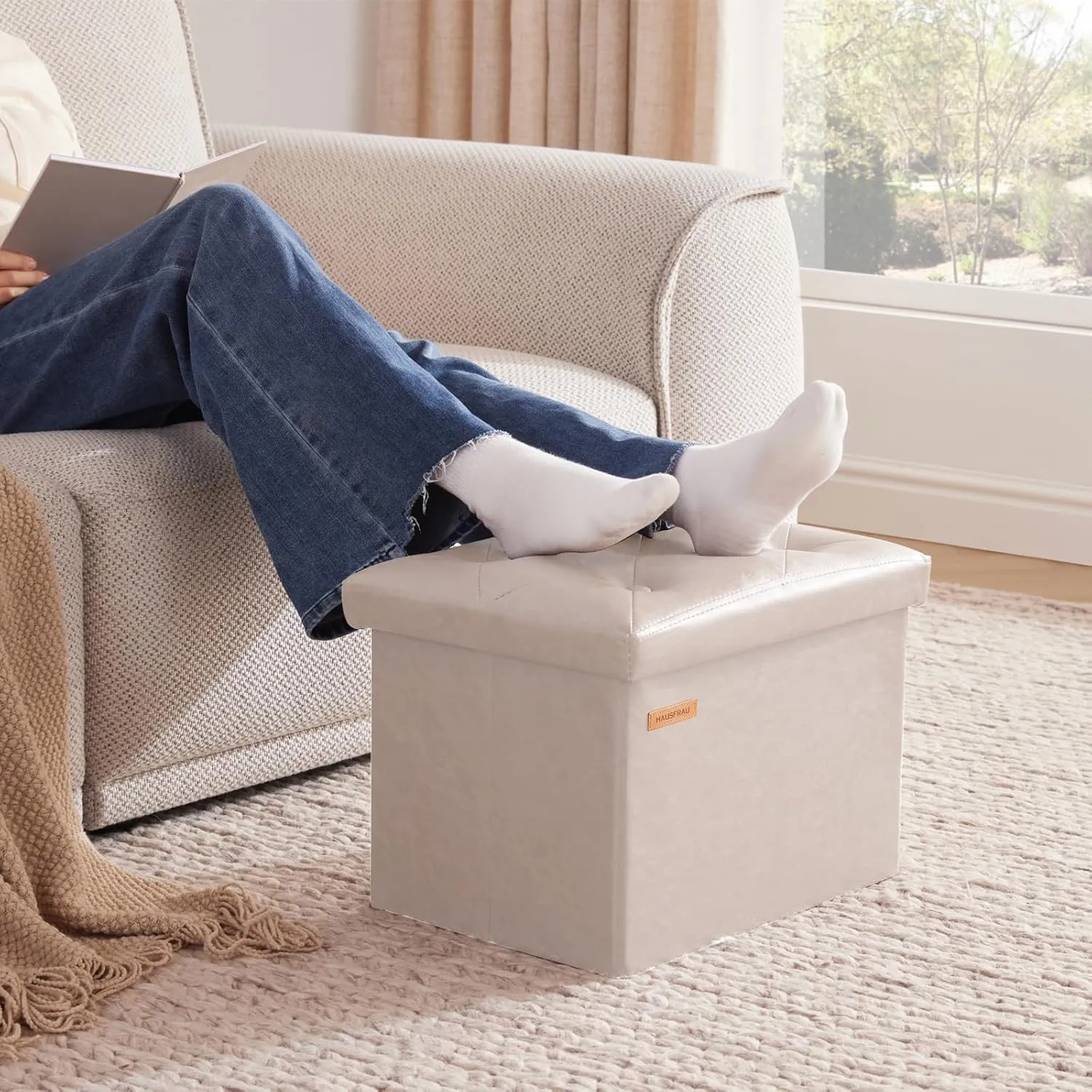 HAUSFRAU Storage Ottoman Foot Rest Stool, Small Folding Ottoman with Storage, Tufted Square Cube Footrest, Faux Leather Ivory
