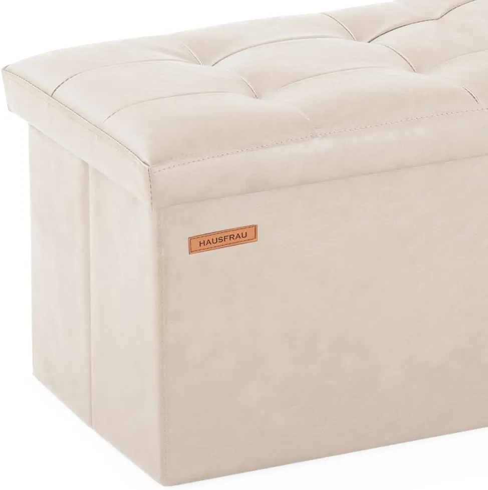 HAUSFRAU Storage Ottoman Foot Rest Stool, Small Folding Ottoman with Storage, Tufted Square Cube Footrest, Faux Leather Ivory